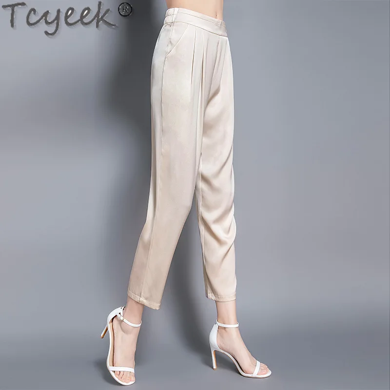 

Tcyeek 19Mm Real Mulberry Silk Summer Pants 2024 High Waisted Ankle-length Pants Woman Trousers Thin Style Harem Pants for Women