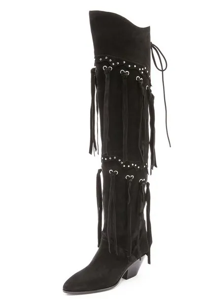 Botas hasta el muslo con flecos y remaches británicos, Botas por encima de la rodilla de gamuza con borlas largas y punta estrecha, tacones gruesos, Botas largas para mujer