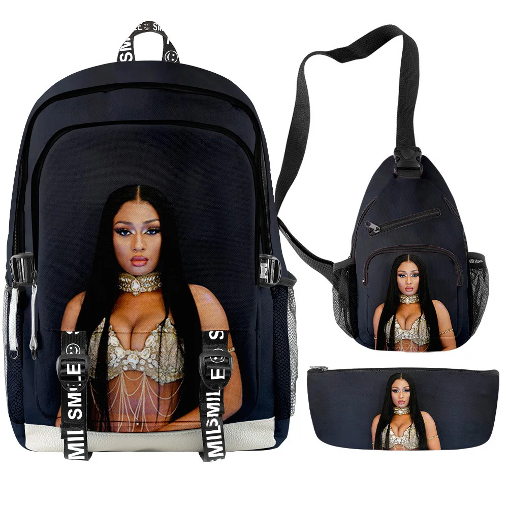 Hip Hop Popular megan thee stallion 3D Print 3pcs/Set Student School Bags multifunction Travel Backpack Chest Bag Pencil Case