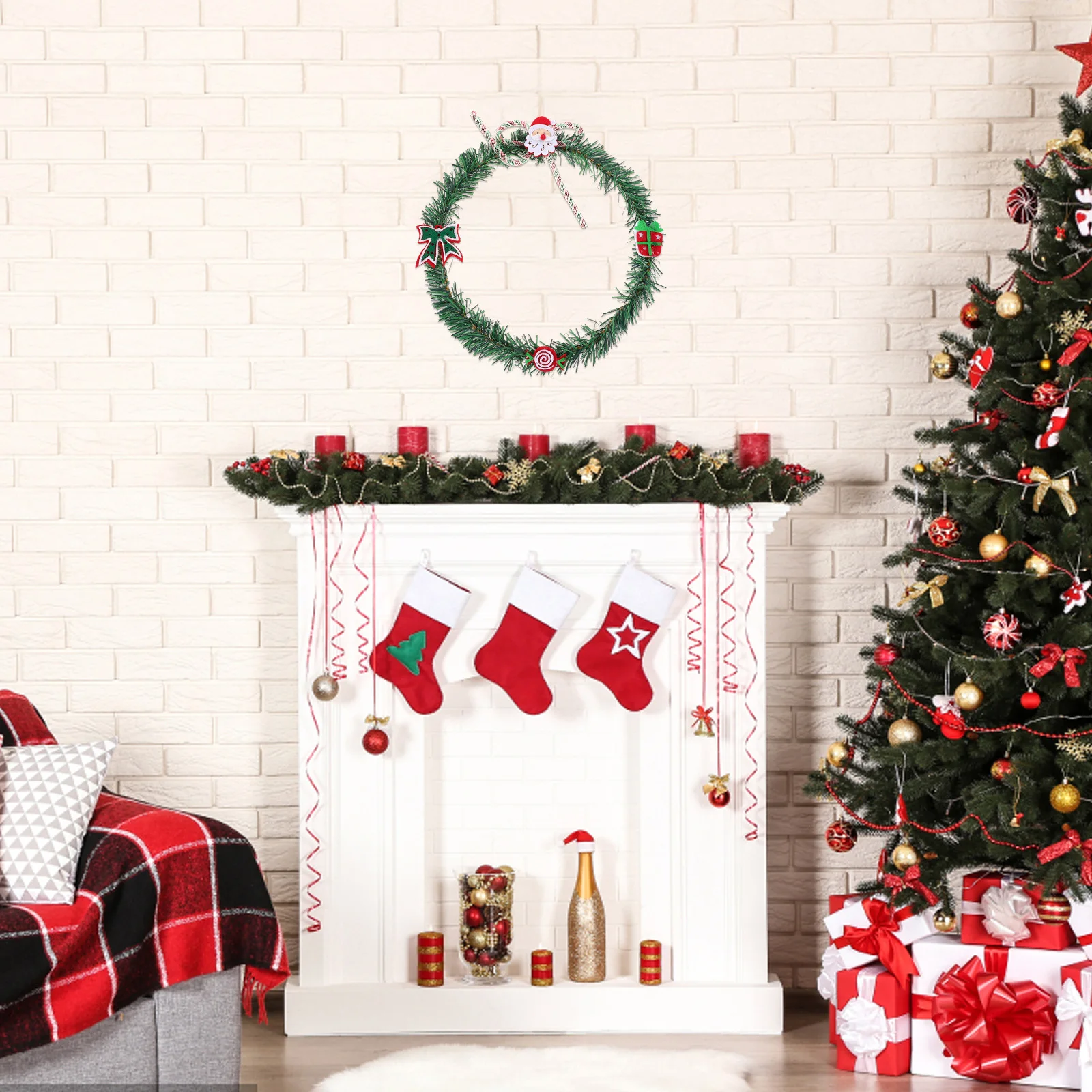 

Green PVC Christmas Wreath Santa Claus Faux Holiday Garland Wreath for Front Door Window Wall Indoor Outdoor Decoration