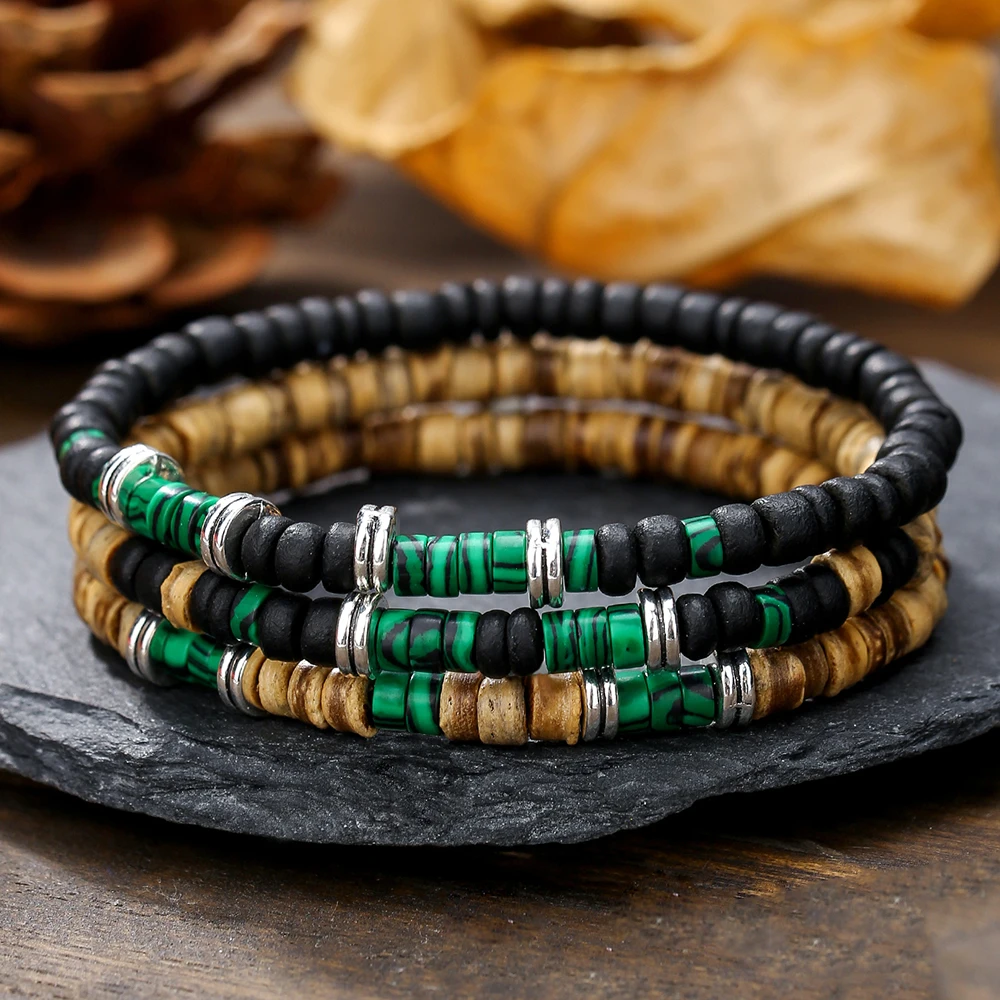 Hot-Selling Handmade Beaded Coconut Shell Wood Chip Bracelet Men's Retro Style Multi-Layer Wear Pine Stone King Stone Bracelet