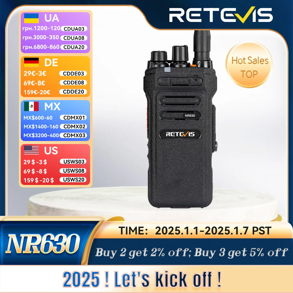 Retevis 10W High Power Walkie Talkie NR630 Two-way Noise Reduction Walkie-talkie IP67 Waterproof Two Way Radio Type C Charger