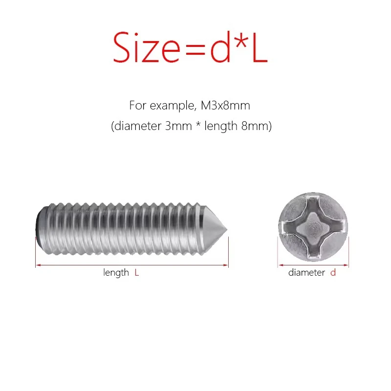 20-50pcs 304 Stainless Steel Phillips Cross Recess Cone Point Set Screw Headless Grub Screw M2 M2.5 M3 M4 Length: 2–10 mm