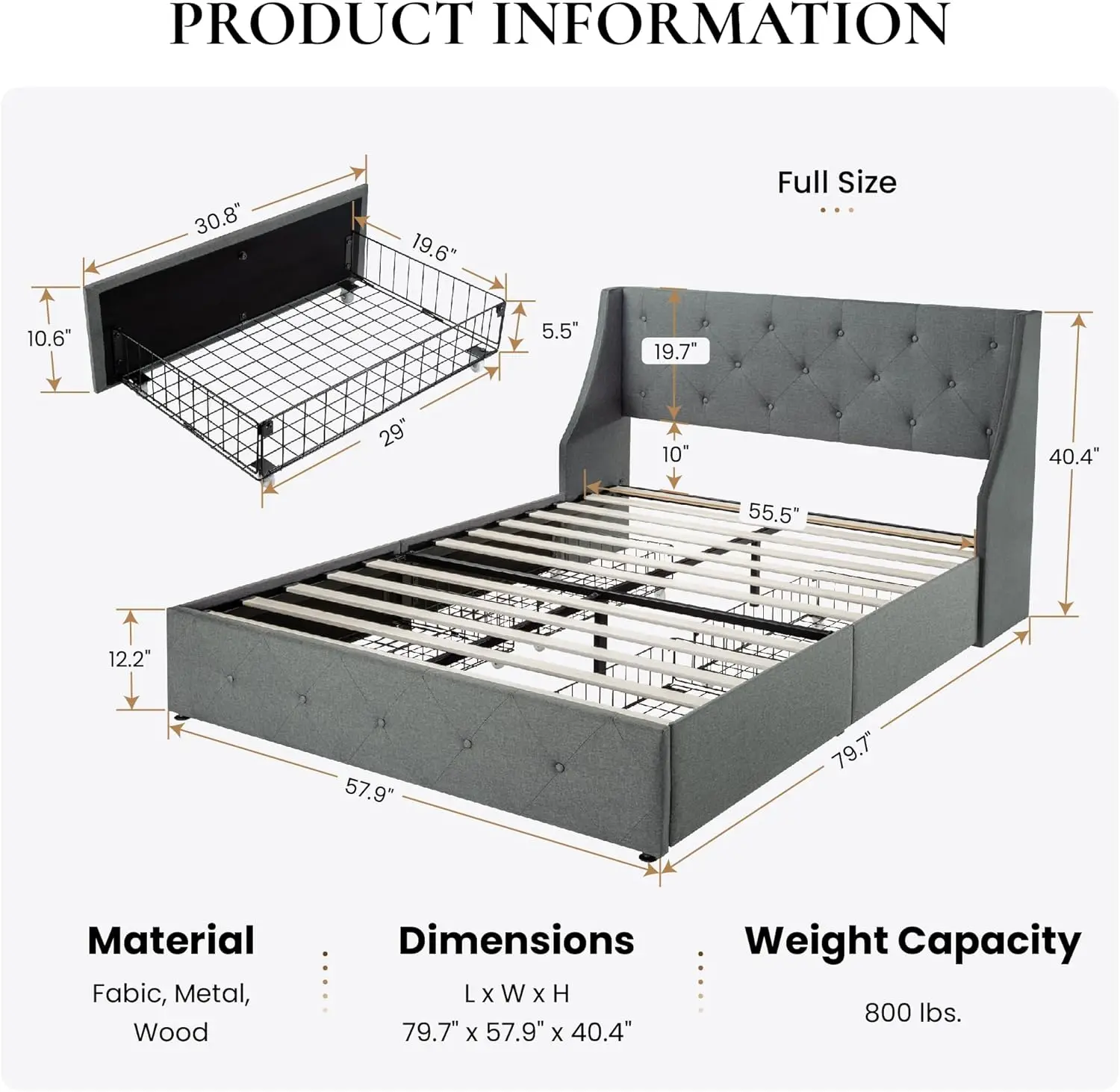 Cadre de lit à plateforme pleine grandeur, 4 égouts de proximité de stockage, planche de sauna à oreilles, aucun ressort mécanique nécessaire, gris clair