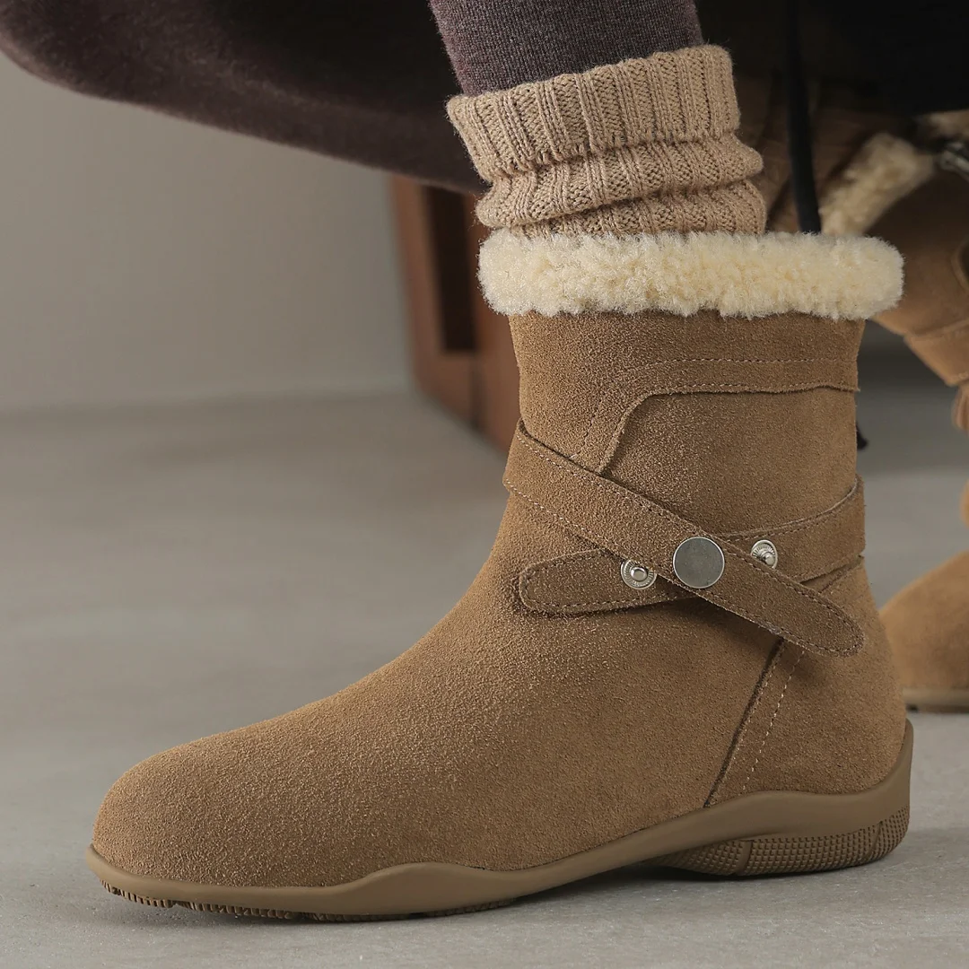 

Women's natural suede leather round toe metal buckle side zip warm plush inside winter ankle snow boots casual female flat boots