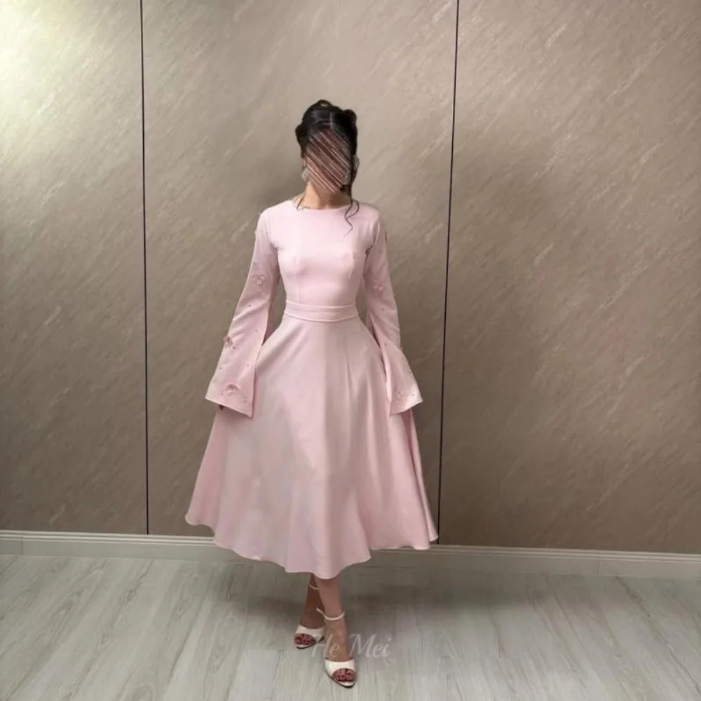 Customized Prom Dress Elegant A Line Party Gowns Long Flare Sleeve Mid-calf Length Simple Evening Dress  