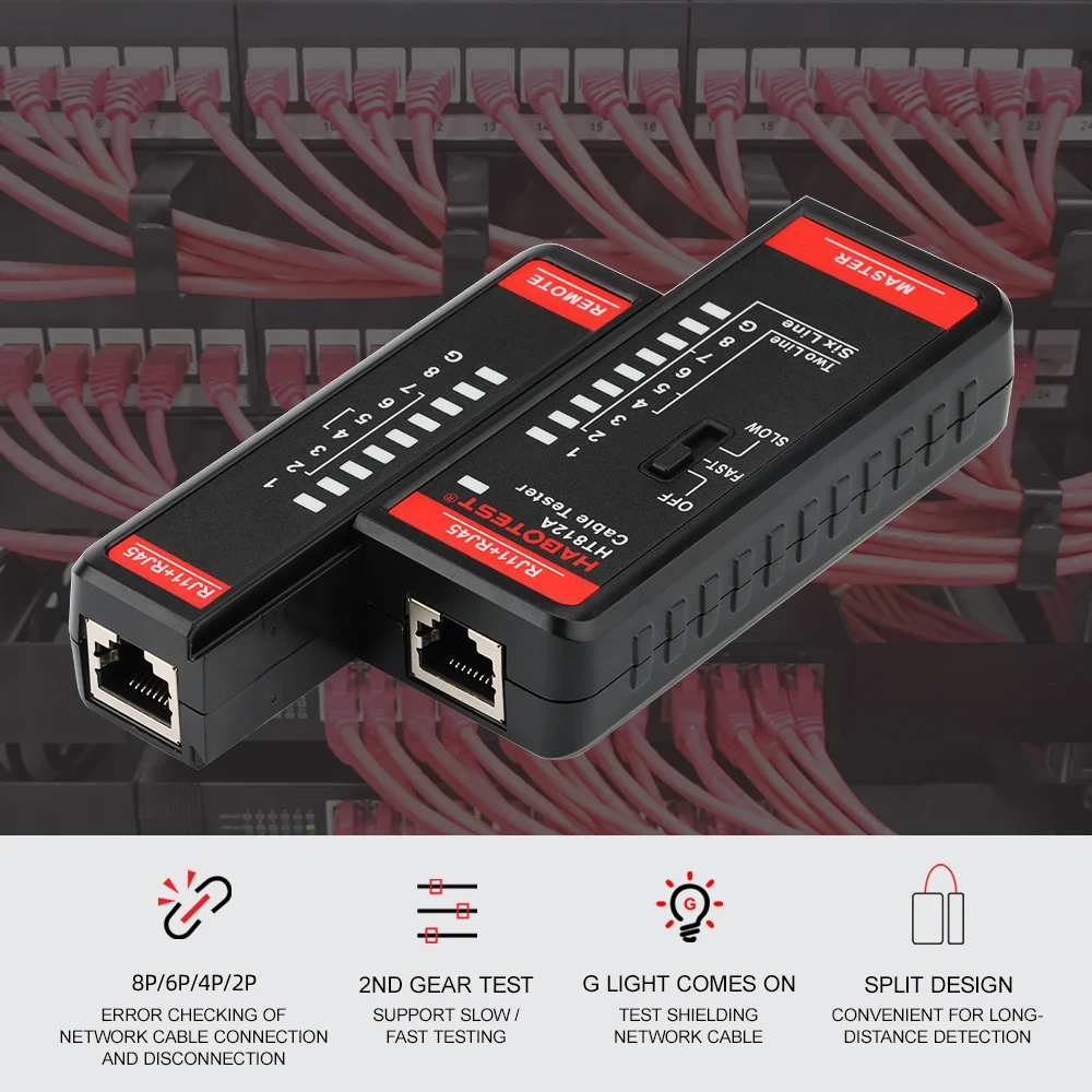 HT812A RJ45 RJ11 Network Cable Tester 8P/6P/4P/2P Cable lan Tester Dual-use Tester LED Status Display NC/HDMI Repair