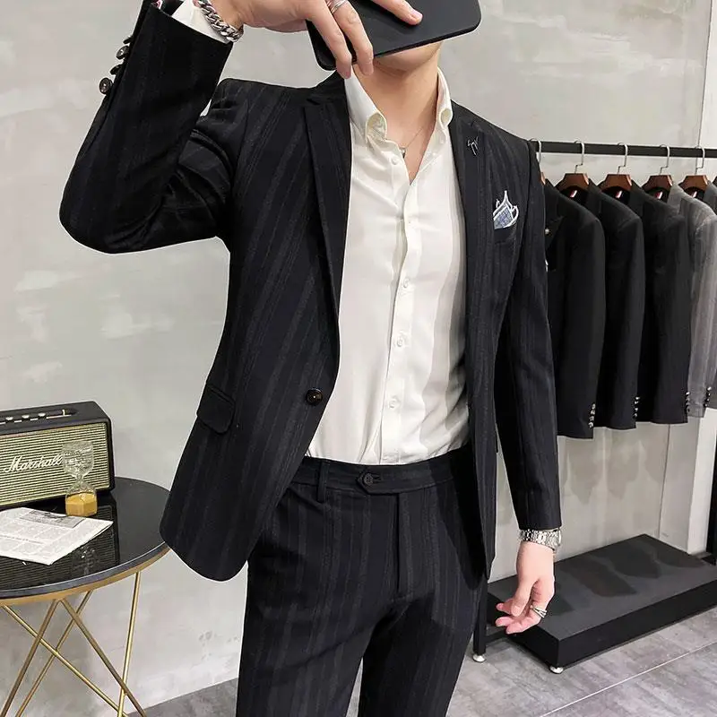 2-A63  Groom wedding dress men's high-end business casual striped suit slim jacket cit two-piece suit trendy