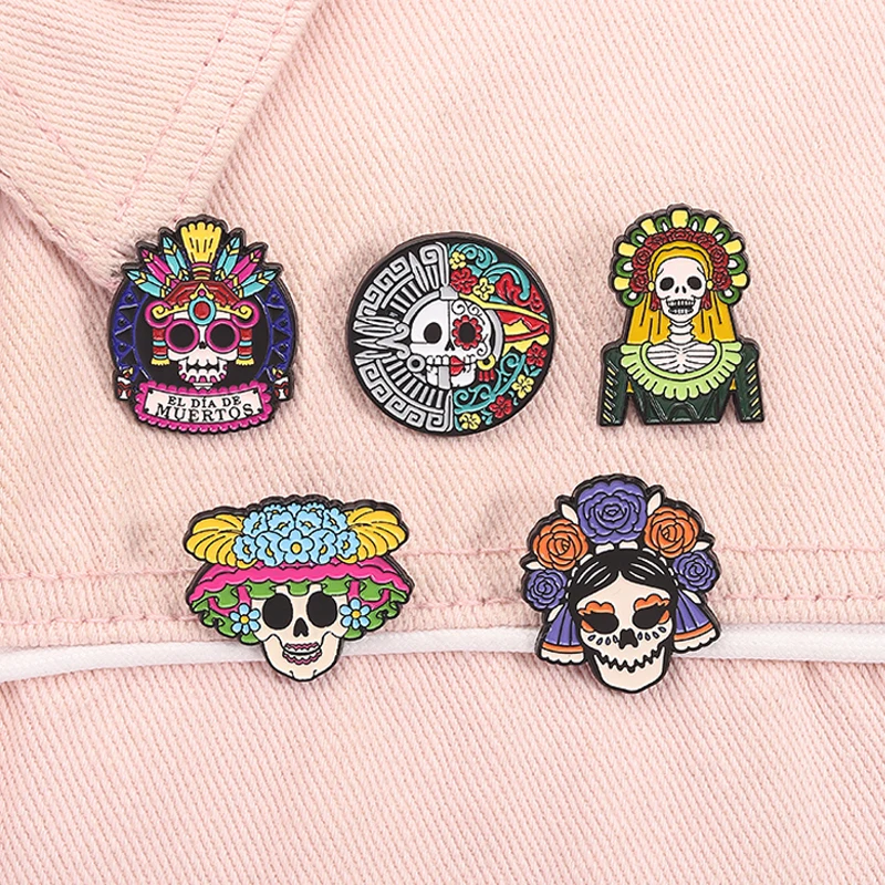 Skeleton Catrina Enamel Pins Day Of The Dead Brooches De Los Muertos Mexican Festival Lapel Badge Jewelry Gifts for Friends