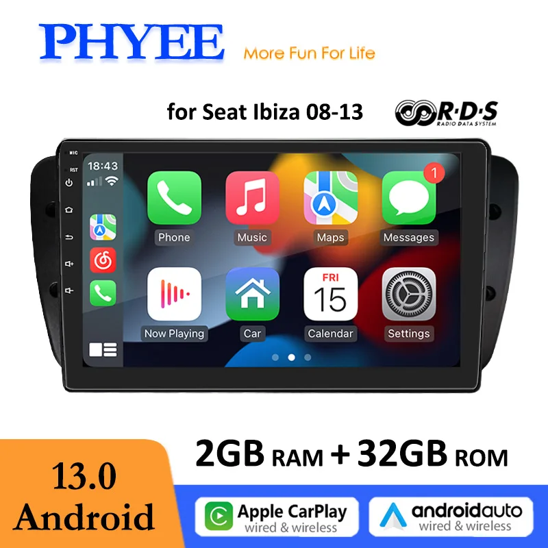 

9“ Car Multimedia Android Radio with GPS Navigation, CarPlay, Android Auto, Bluetooth, USB WiFi FM RDS for Seat Ibiza 2008- 2013