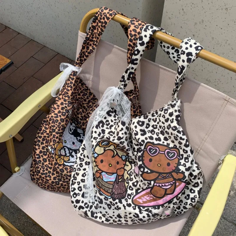 Hello Kitty Leopard Y2k Handbag High Capacity Retro Tote Bag Ribbon Bandage Casual Crossbody Bag Women\'s Wide Strap Shoulder Bag