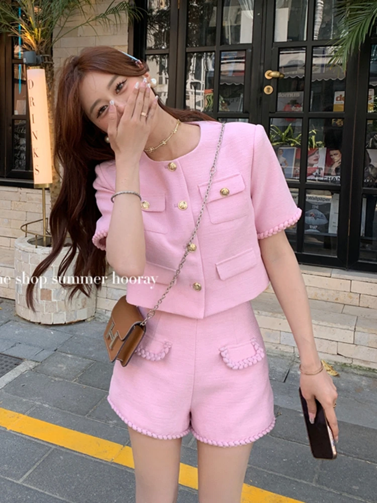 High Street French Fashion Small Fragrant Two Piece Set For Women Summer Jacket Coat + Short Suit Korean Sweet 2 Piece Pant Sets