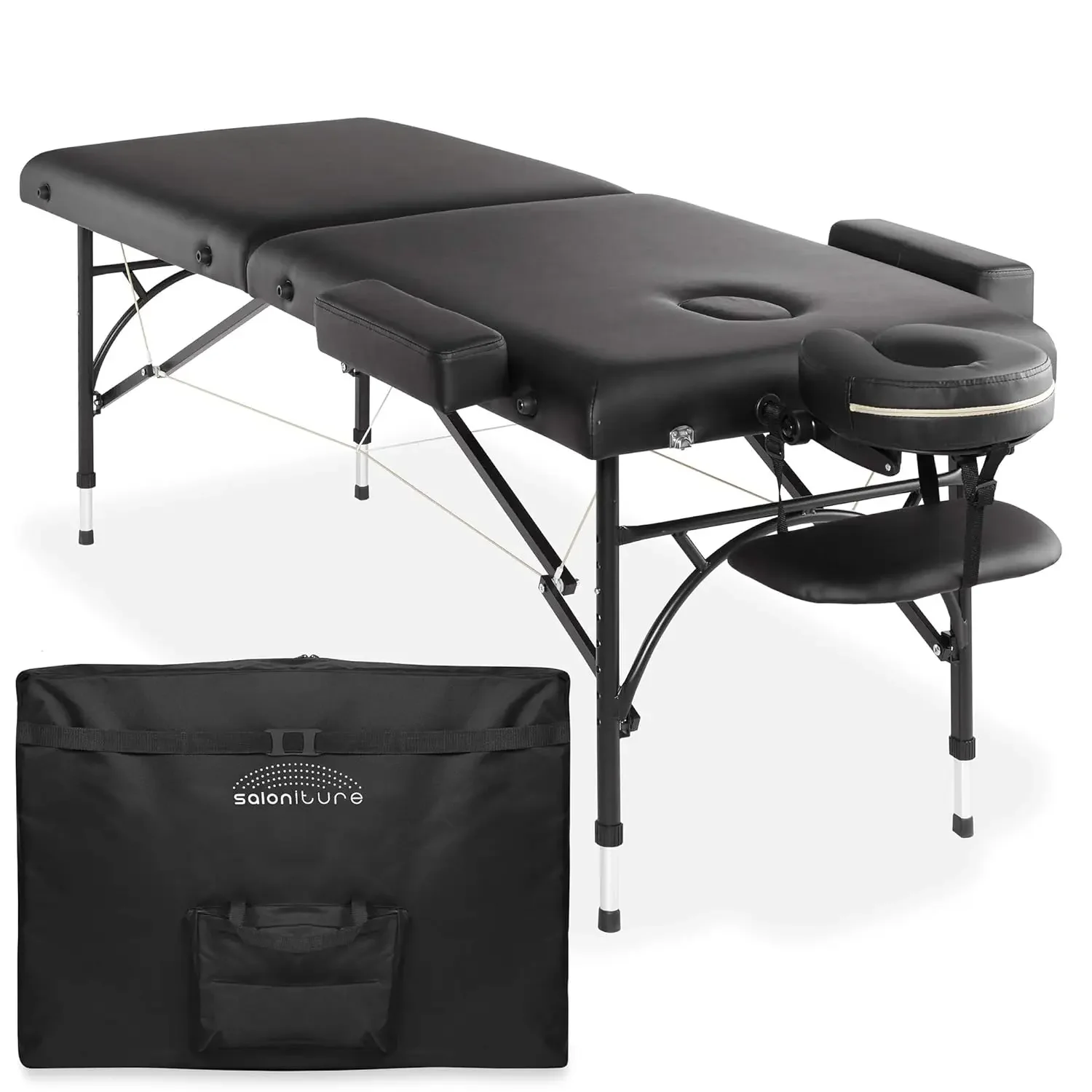 Professional Portable Lightweight Bi-Fold Massage Table with Aluminum Legs - Includes Headrest, Face Cradle, Armrests and Carryi