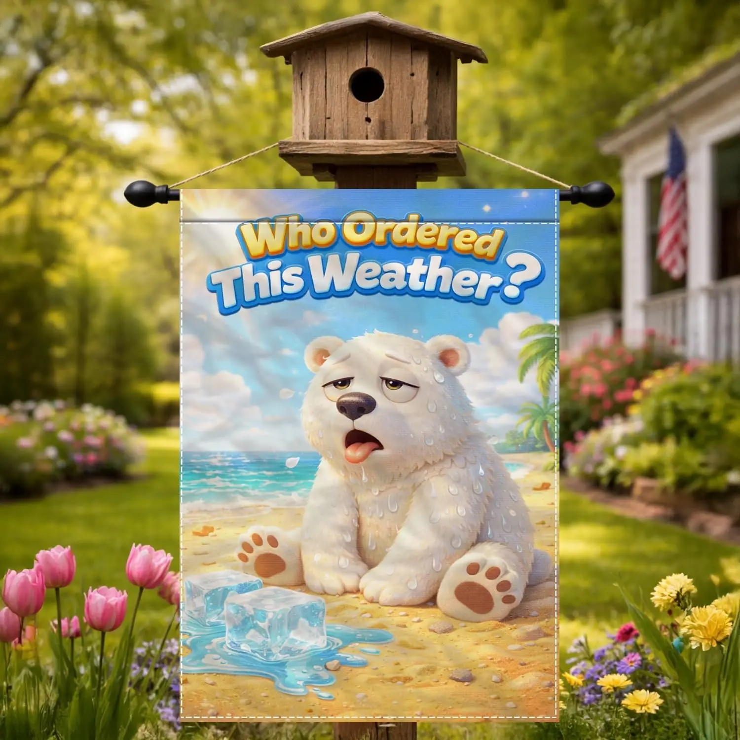 Funny Summer Bear Garden Flag Who Ordered This Weather 12x18 Inch Double Sided Polyester Outdoor Yard Decor Hot Weather Humo MMZ