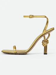Women's square toe super high heels sandals, metal knot slim high heels, sexy, open mouth, fashionable, new