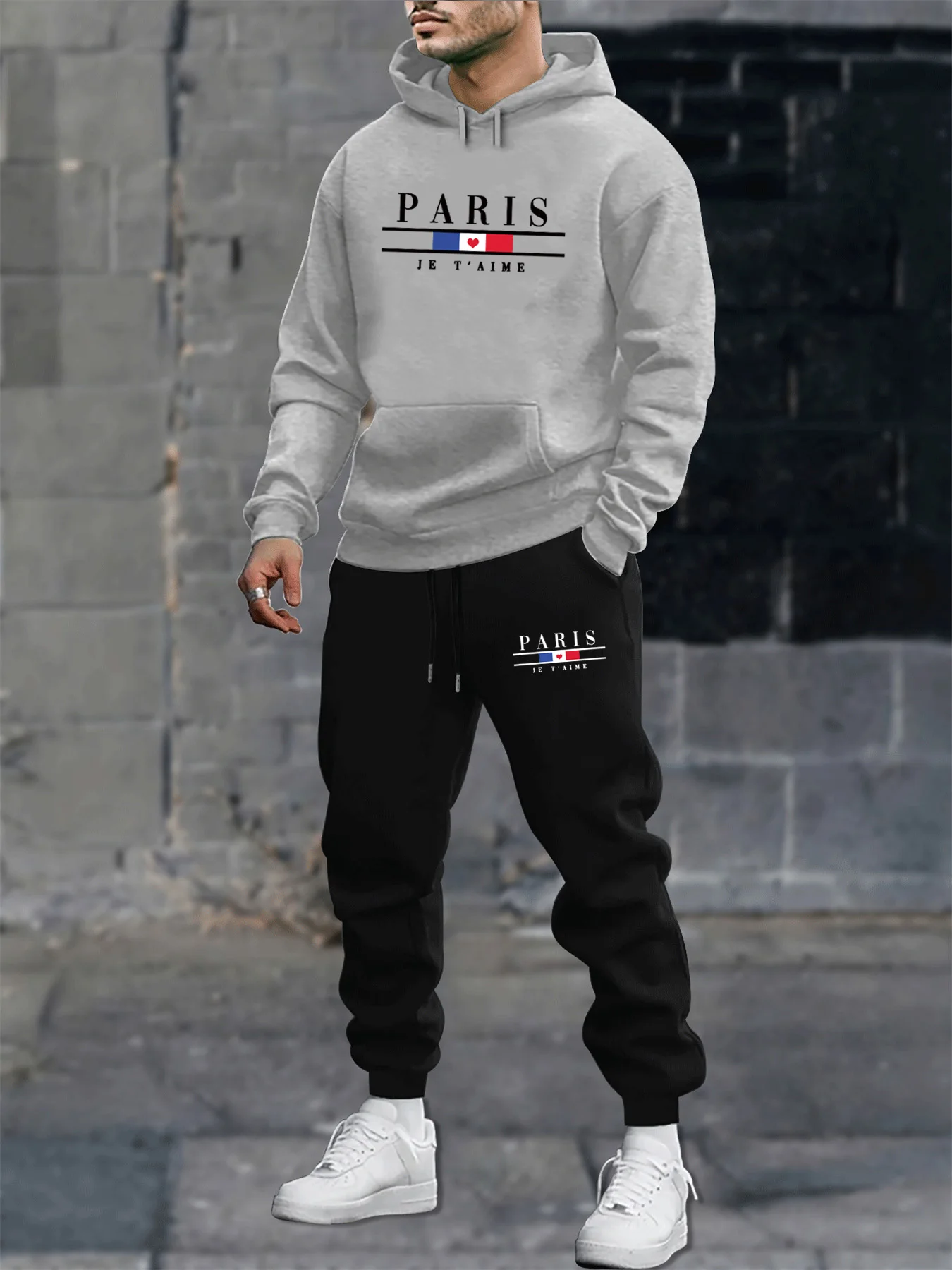 

Men's autumn and winter casual fashion warm Paris pattern print loose plush thick hooded sweatshirt+sweatpants set