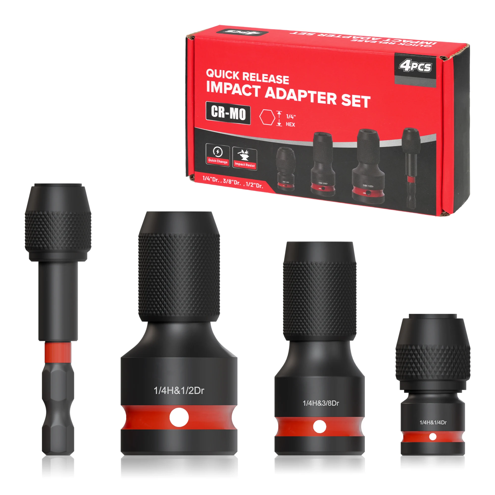 

4 шт. шестигранный преобразователь удара в 1/4, квадратные приводные головки 1/2 3/8 1/4 дюйма, адаптер ударного ключа для отверток с храповым механизмом