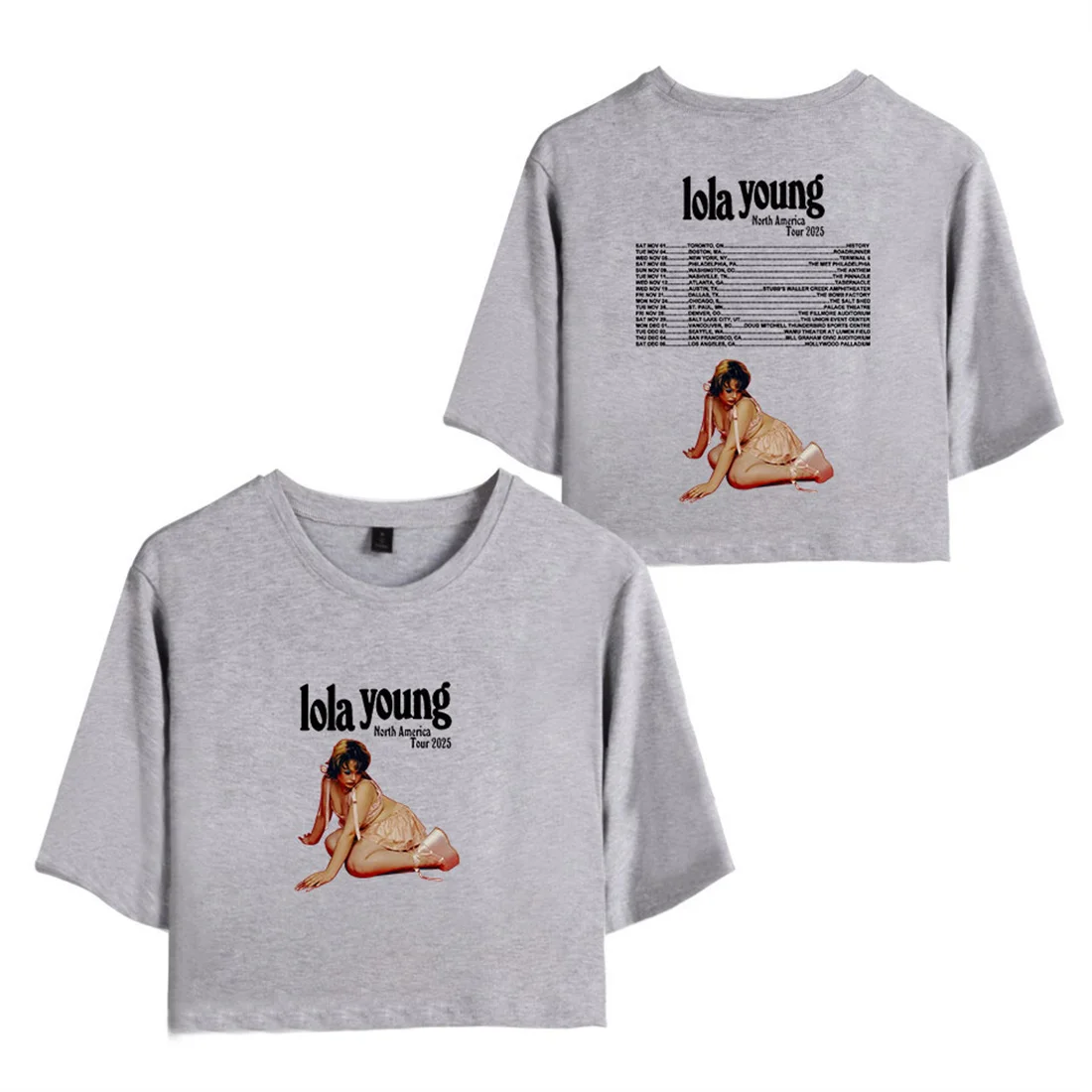 لولا يونغ 2025 جولة المرأة قصيرة المحملة عادية موضة قصيرة الأكمام فريد البلوز مضحك المحاصيل الأعلى الهيب هوب مكشوف السرة تي شيرت #5