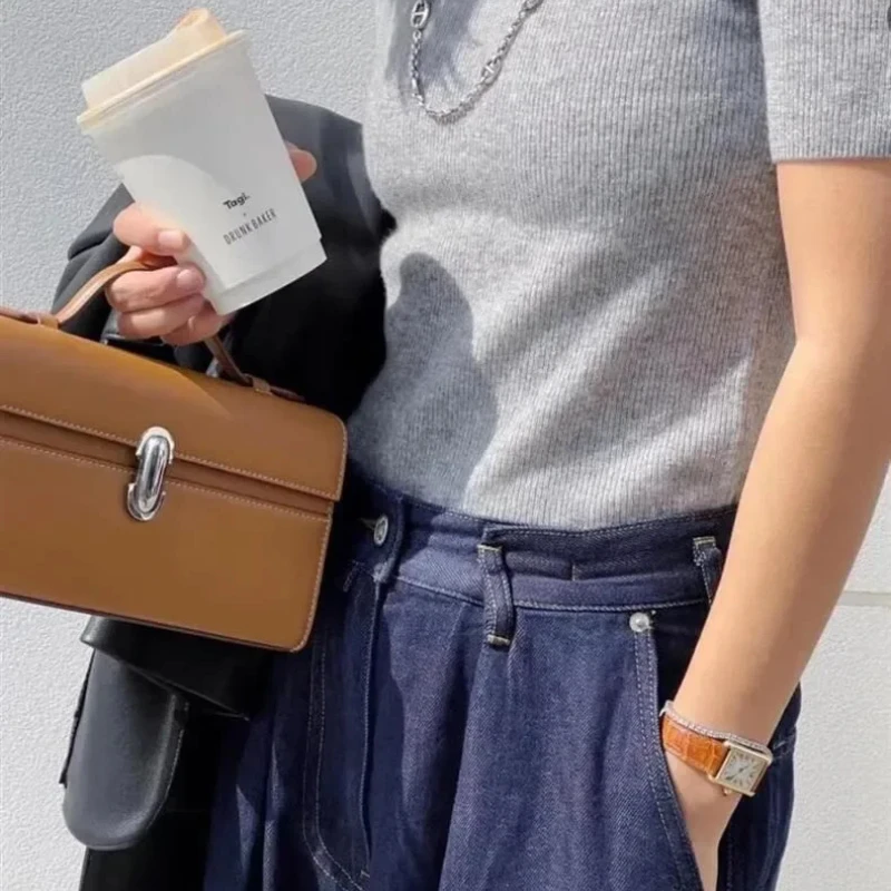SAVETTE Brand The Symmetry 19 Genuine Leather Handbag Solid Color Simple Handbag Small Square Row Bag Women's Suede image 3