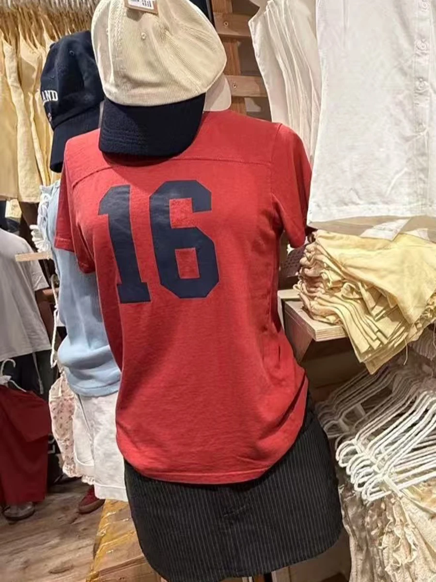 16 Letter Print Red Short Sleeve T-shirt Women O Neck Slim Cotton Stitching Tees Summer New Preppy Style Vintage Casual T-shirts