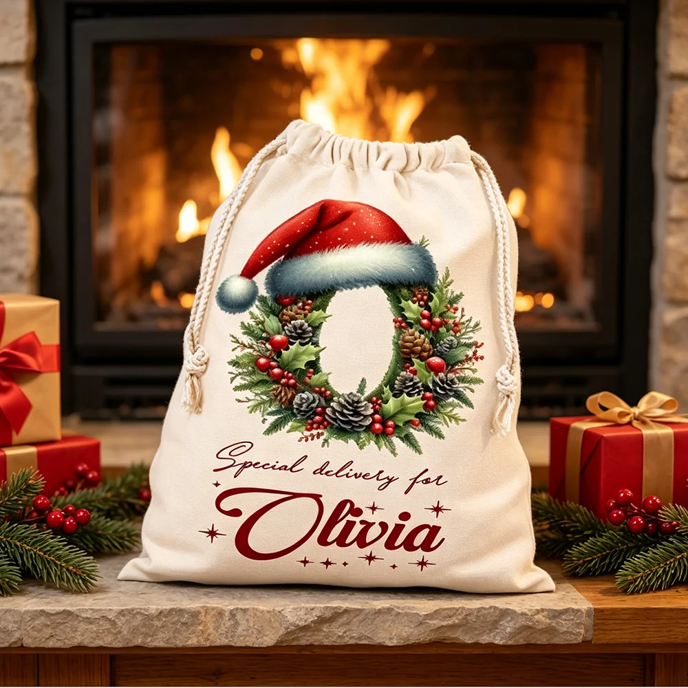 Custom Initial & Name Santa Sack with Drawstring Large Kids Christmas Gift Bag Holiday Decor Xmas Package Storage Party Favor