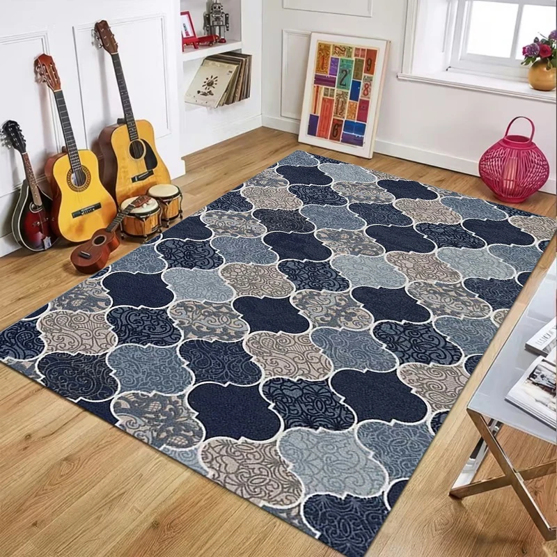 Moroccan Geometric Pattern Area Rug Blue Vintage Print Carpet Floor Mat Home Living Room Bedroom Ethnic Style Home Decoration
