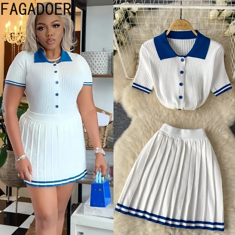 FAGADOER Elegant Knit 2 Piece Sets Women Outfit Stripe Patchwork Lapel Crop Top And Mini Pleated Skirt Suits Autumn New