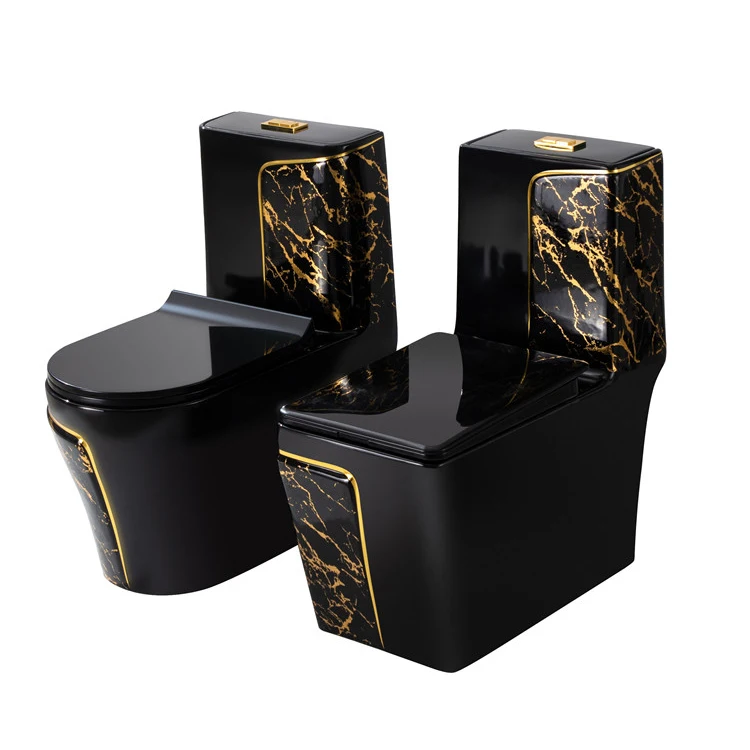 Modern Bathroom Sanitary Ware Square One Piece Toilet Bowl Floor Bathroom Sink And Ceramic Toilet Black Gold Wc Toilet Set