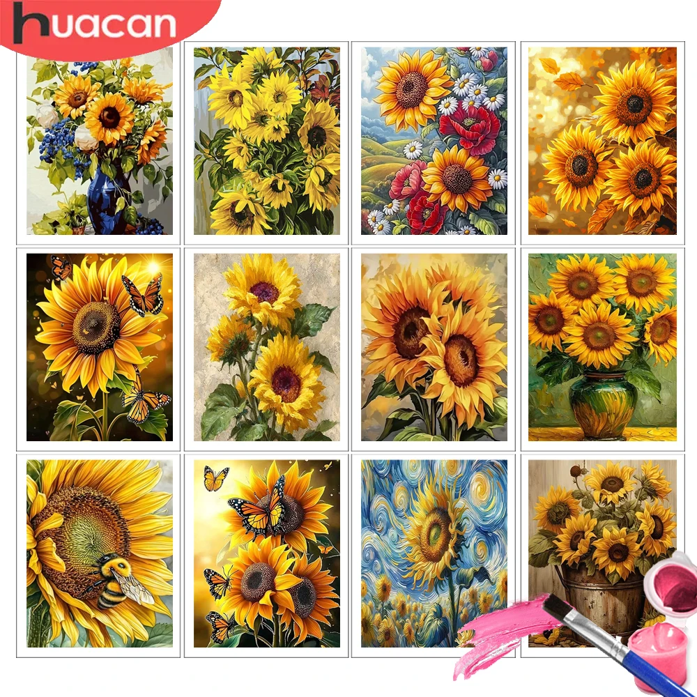 HUACAN Malen nach Zahlen Leinwand Sonnenblumen-Malset Bilder Ölfarben Farbenfrohe Leinwand Blumengeschenk für DIY-Wandset