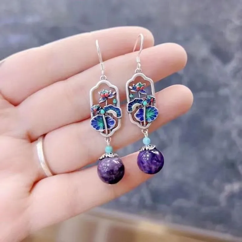 

New in 925 Silver Vintage Cloisonne Craft Enamel Colored Lotus Leaves Natural Purple Dragon Crystal Earrings for Women Jewelry