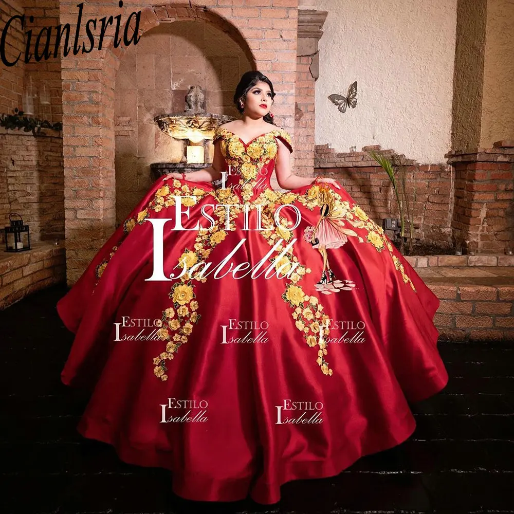 

Красное мексиканское платье Quinceanera с открытыми плечами, бальное платье, Золотое цветочное блестящее платье для XV лет