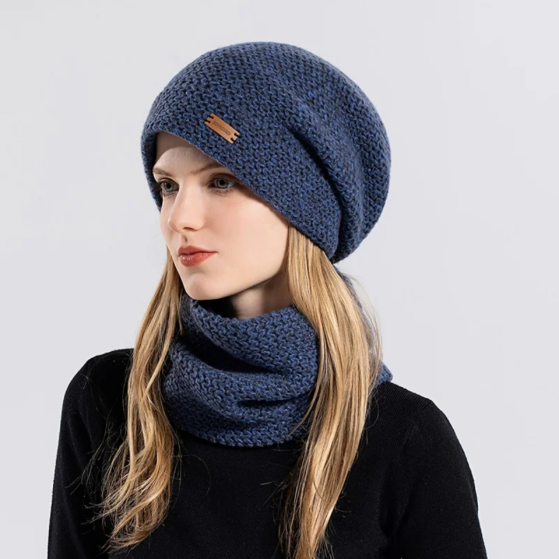 2pcs Women's Winter Hat & Neck Set Elastic Ear Protection Beanie Stackable Outdoor Holiday Hiking, Cycling, Skiing Headwear