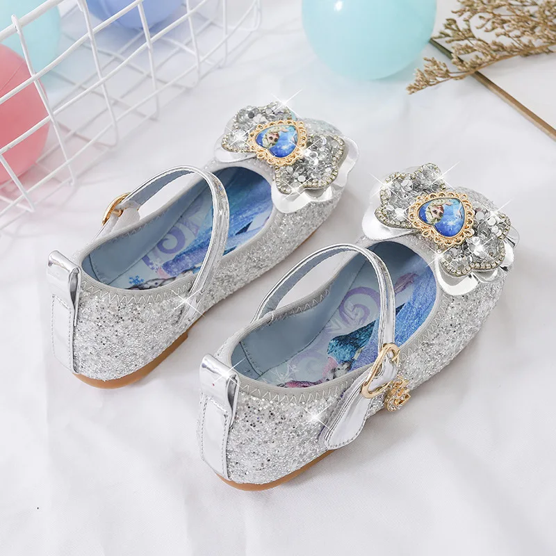 أحذية أميرات إلسا الصيفية، كعب كريستالي أنيق للفتيات وأحذية جلدية للأطفال