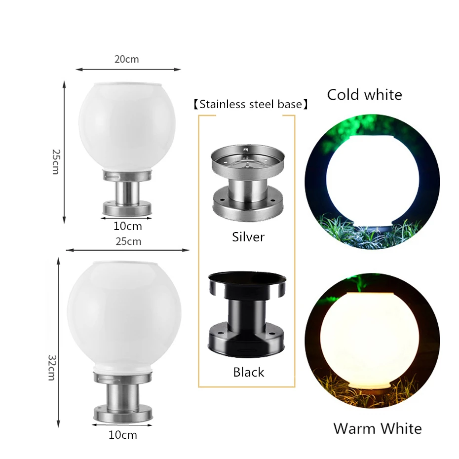 LED Ball Stainless Steel Solar Pillar Light Outdoor IP65 Waterproof Pillar Top Light Garden Villa Pillar Garden Hotel
