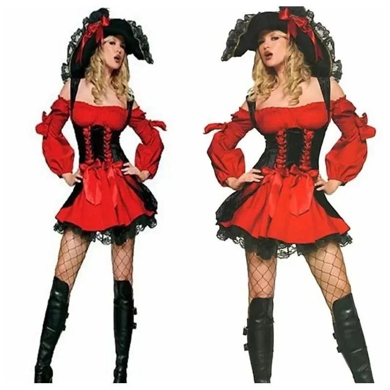 Woman Caribbean Pirate Costume Dress Girls Female Hat Party Cosplay Costume Clothes Halloween Role-playing Dresses