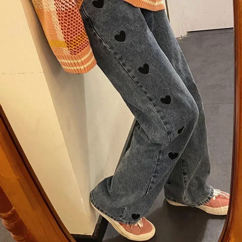 Pantalones holgados y elegantes con estampado de corazón Harajuku para mujer, gran oferta, pantalones vaqueros con estilo S-5XL, fregona recta informal sencilla