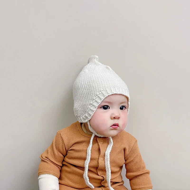 Baby Ear Protection Baby Hat Warm Knitted Kids Lacing Cap Solid Color Infant Boy Girls Beanie Hat