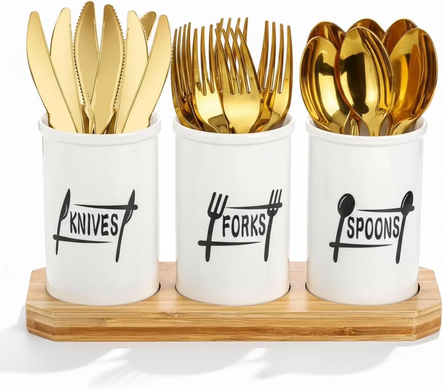 

4 Pc Flatware Silverware Holder with Wood Tray, Ceramic Utensils Holder Silverware Caddy for Kitchen
