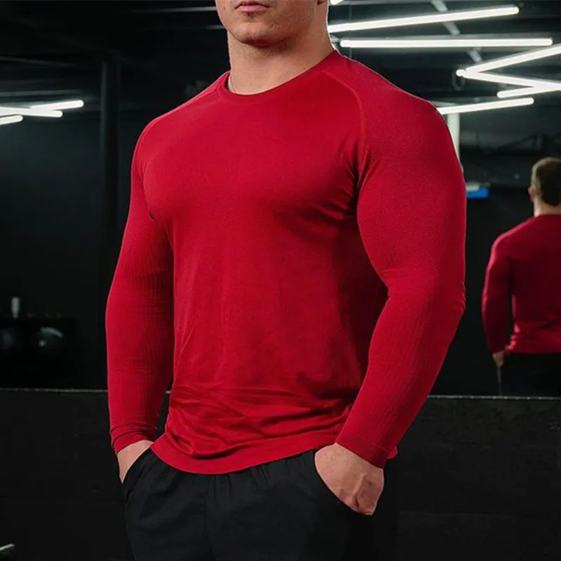 spring autumn fitness exercise long sleeved t-shirt men slim breathable pure color elastic training tops Men running T-shirt