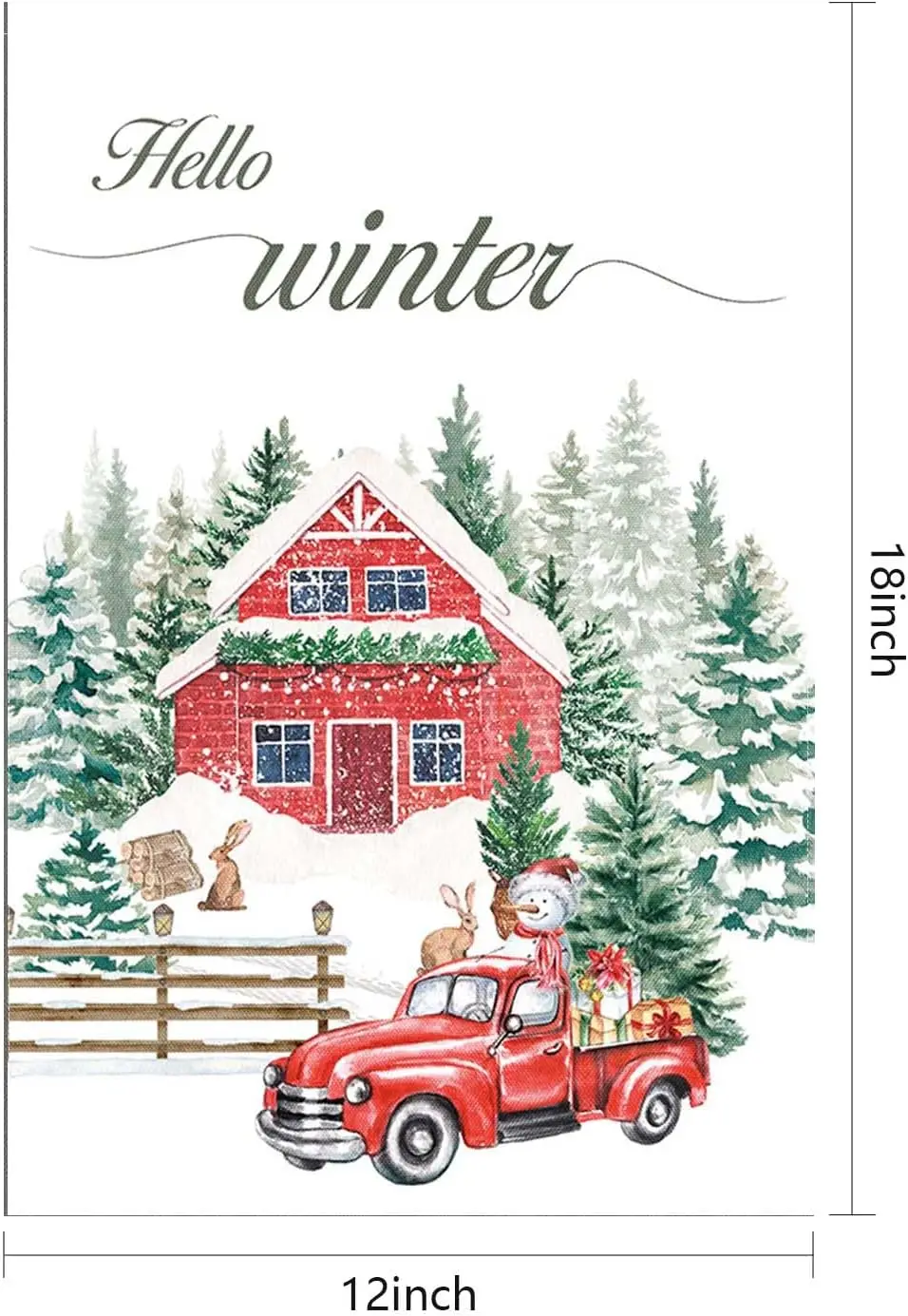 12x18 inch Hello Winter Garden Flag 12x18 Double Sided for Outside Red House Truck White Snowscape House Yard Decorations Flag O