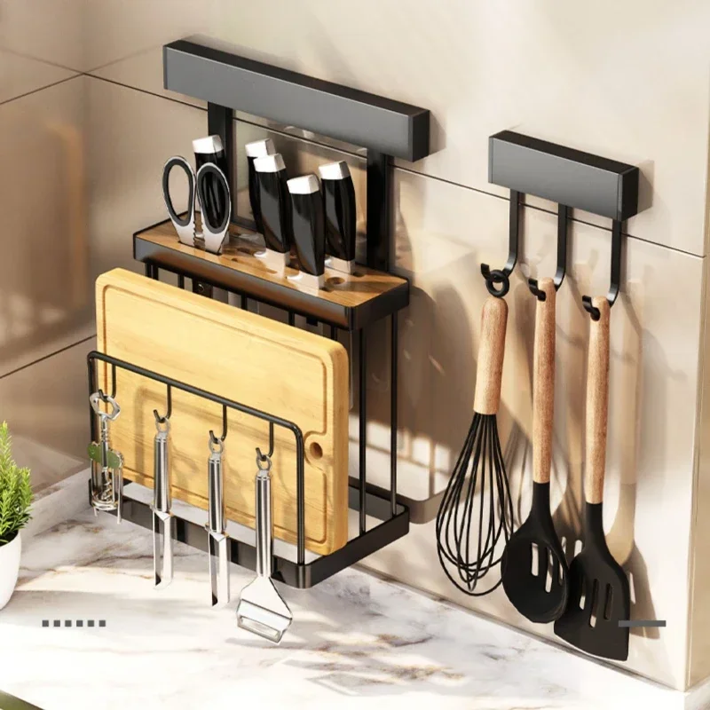 No-Drill Knife Rack Wall Mounted Spatula Storage Organizer Kitchen Thickened Knife Stand Stainless Steel Chopping Board Holder