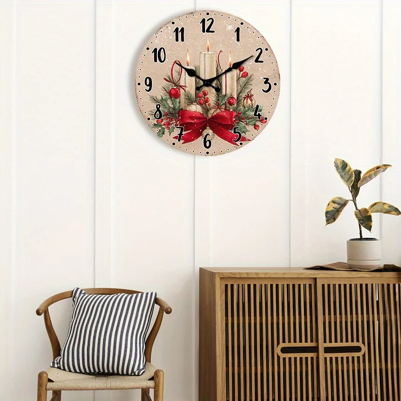 1pc Silent Non-Ticking Wall Clock Christmas Decor with Candle, Holly, Red Berries Snowflakes Beige Background