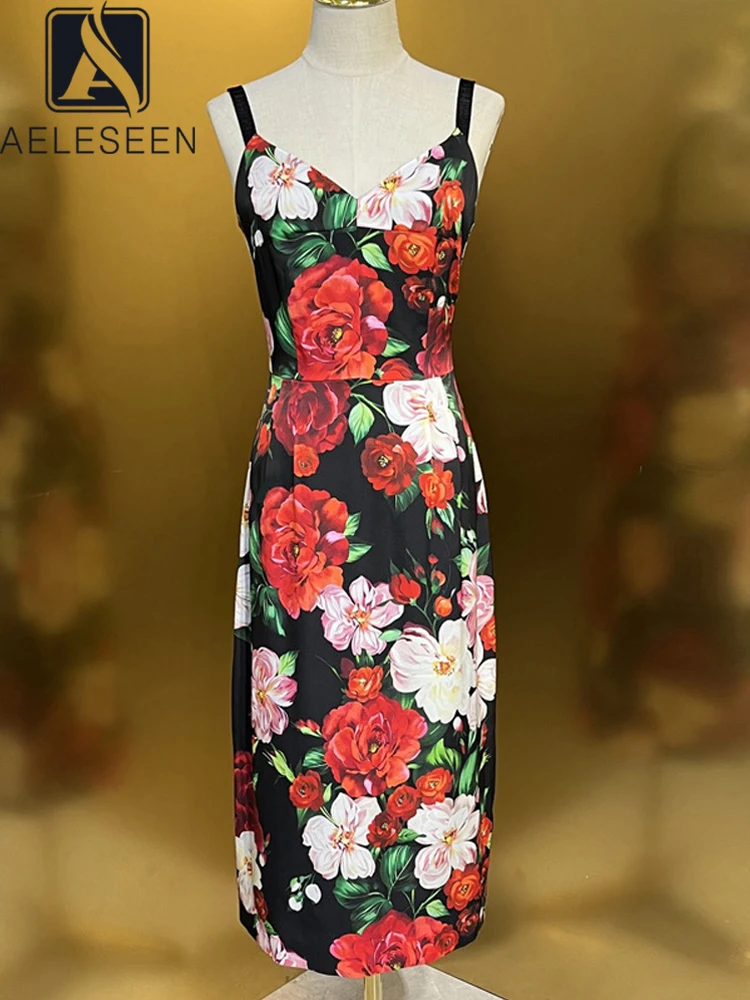 AELESEEN Sicilian 100% Silk Dress For Women Runway Fashion Spaghetti Strap Flower Print Slim Elegant Long Party Camisole