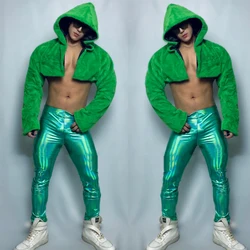 Men Green Fur Hoodie Coat Laser Pants Sexy Pole Dance Clothing Bar Nightclub Dj Ds Gogo Dancer Outfit Rave Costume XS5441