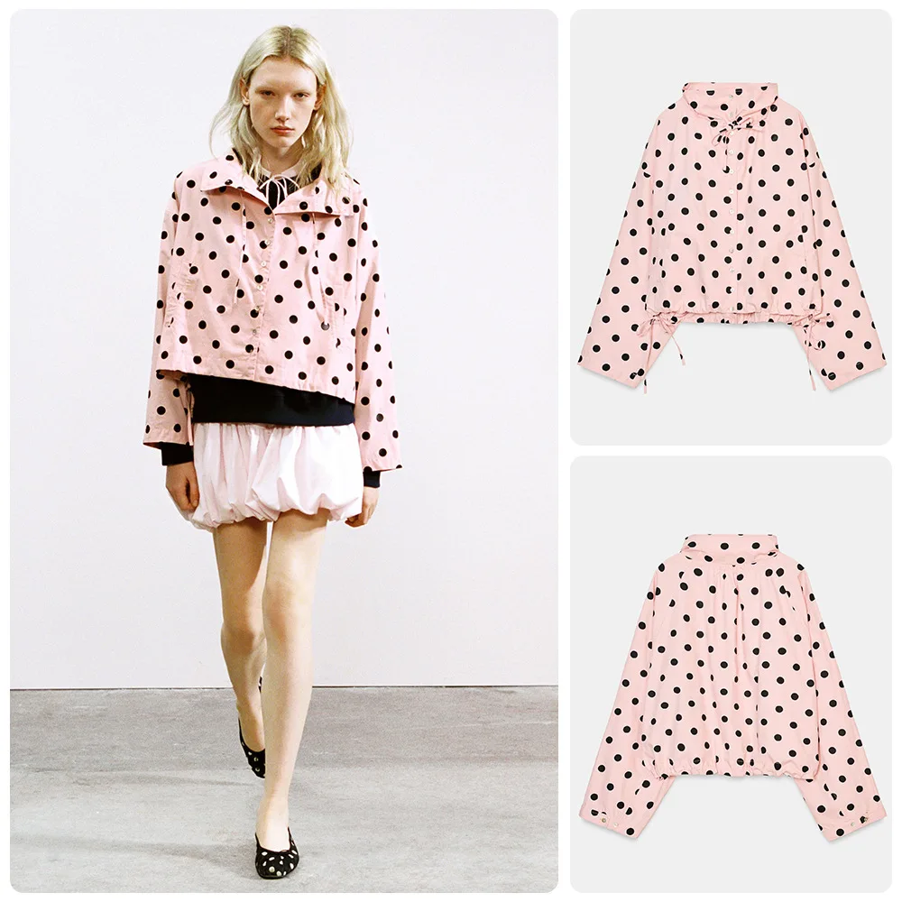 

Spring and summer new stand-up collar polka dot lace-up long-sleeved fashion coat