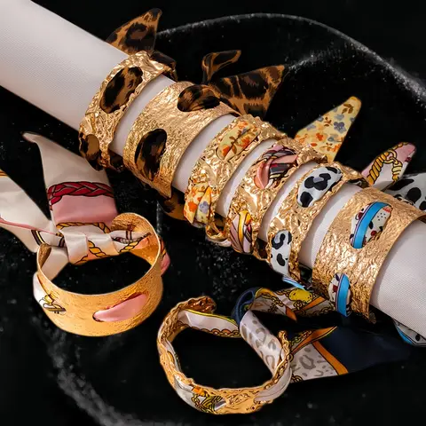 Retro Leopard PleatsExaggerated Luxury Cuff Bracelet for Women Simulated Silk Printed Silk Scarf Open Bracelets Jewelry Gift