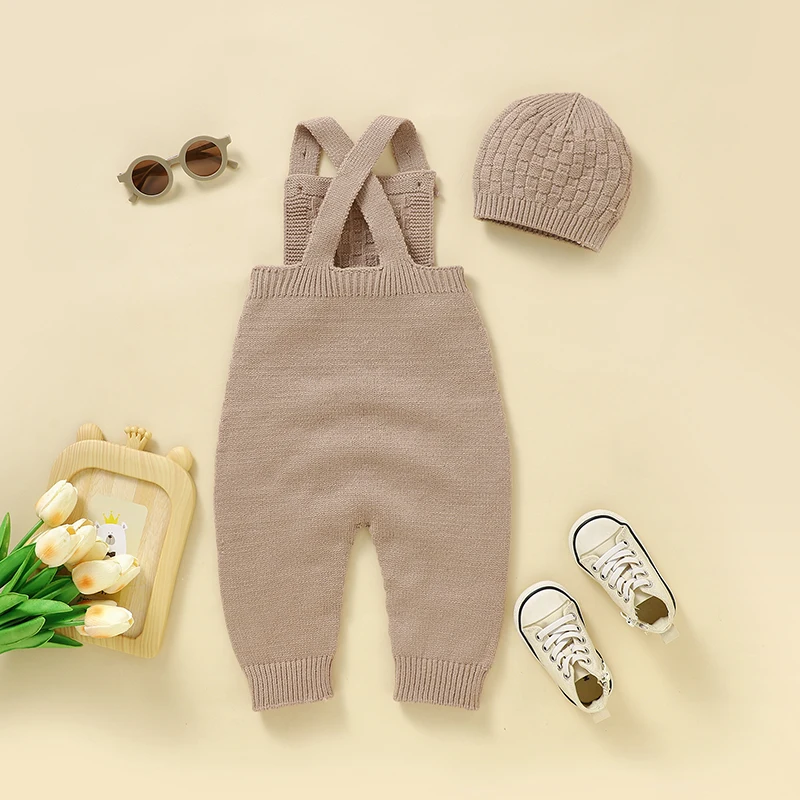 Baby Romper Set Solid Knit Infant Girl Newborn Boy Jumpsuit Sleeveless Toddler Kid Sling Clothes Hat 0-18M Overalls Playsuit 2PC