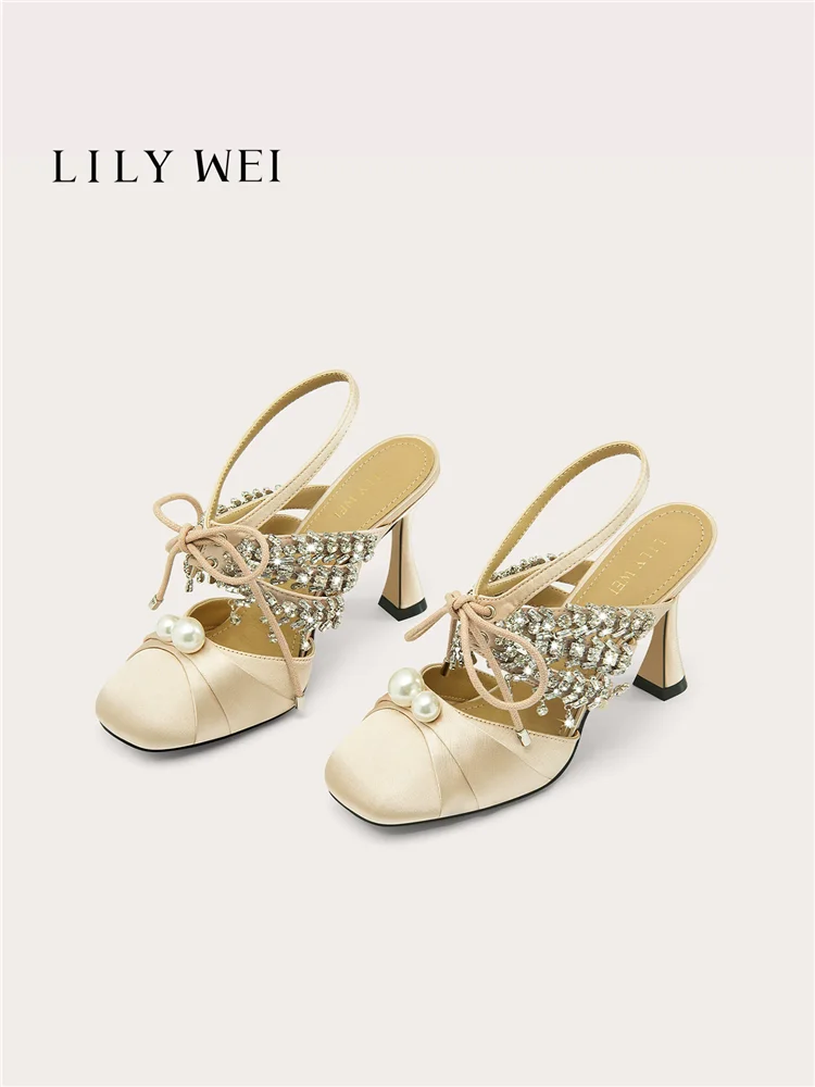 Spring/Summer New Square Head Pearl Water Diamond Rear Air Strap Silk Sandals Banquet Dress Large Size Small Size Women's Shoes