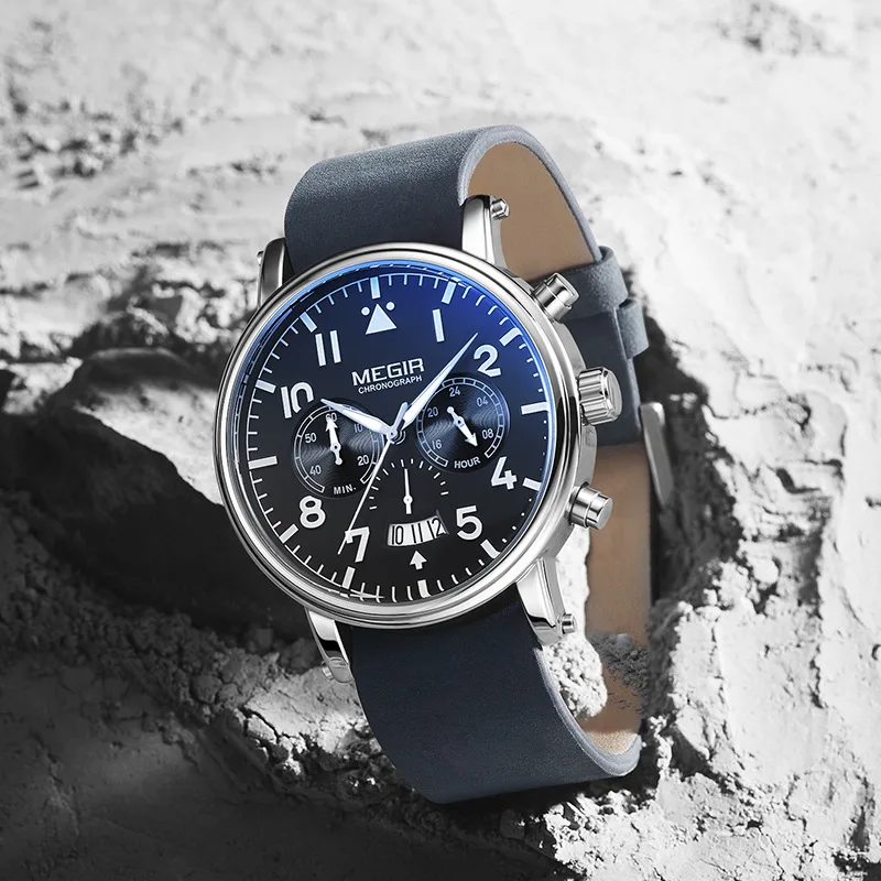 MEGIR 2149 jam tangan kuarsa untuk pria, Arloji kulit kasual tahan air, jam tangan bisnis bercahaya dengan fitur Chronograph untuk pria