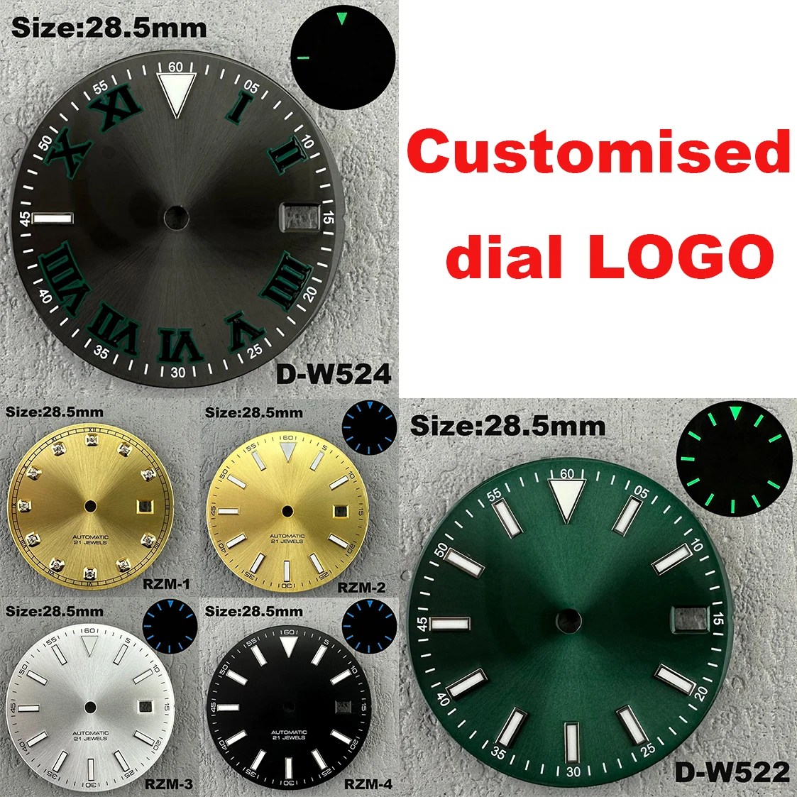 28.5 mm dial for the Miyota 8215 calibre Customisable logos and patterns Various colours available Replacement watch accessories